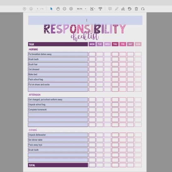 how to edit purple pink editable printable responsibility checklist video