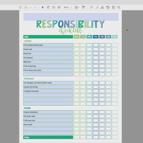 how to edit printable blue and green responsibility checklist page video