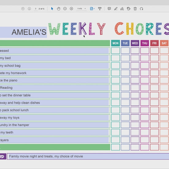 Video with instructions on editing landscape orientated colorful rainbow weekly chore chart