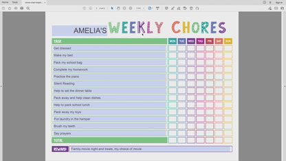 Video with instructions on editing landscape orientated colorful rainbow weekly chore chart