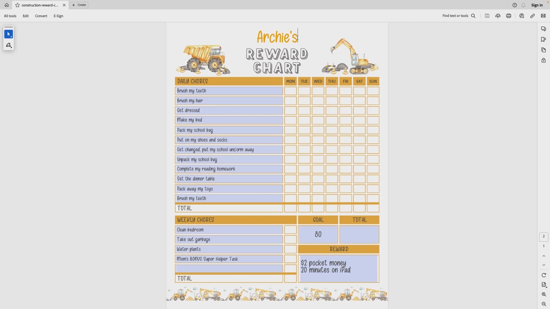 how to edit construction printable template reward chart video