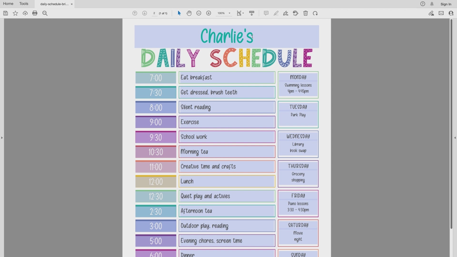 Editing rainbow editable daily schedule PDF video
