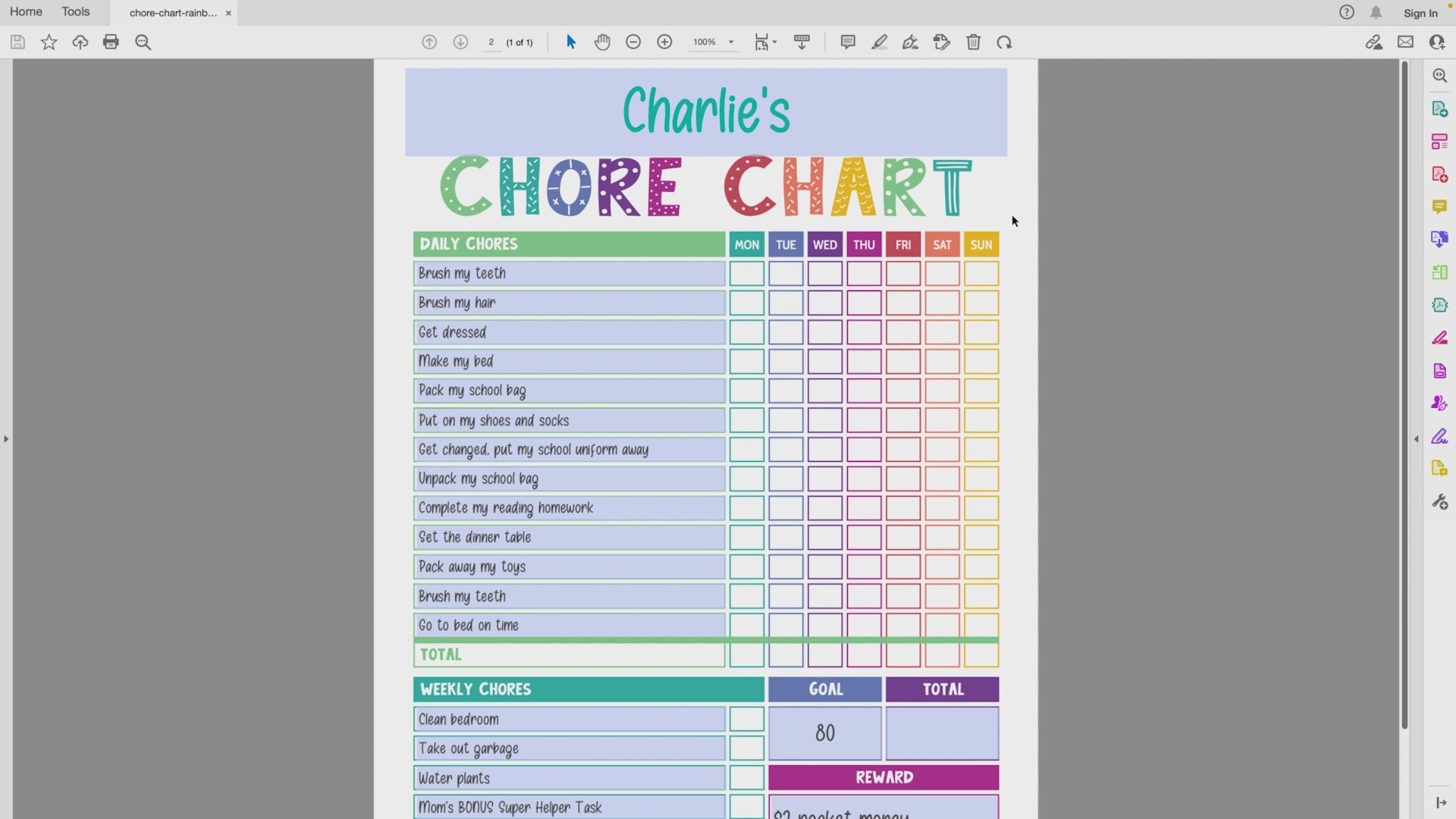 Editing a rainbow editable chore chart PDF video