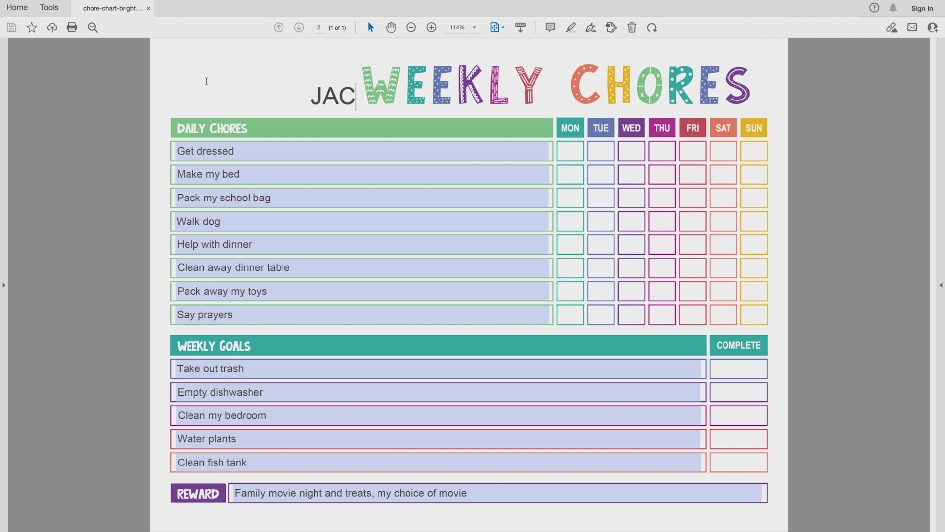 How to edit rainbow landscape editable chore chart PDF video