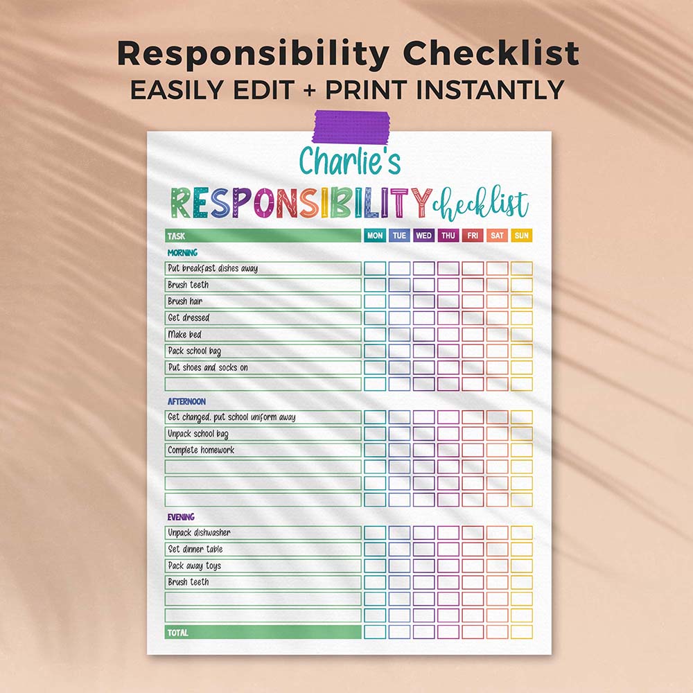 editable printable rainbow responsibility checklist page
