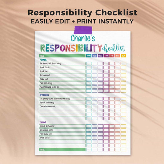editable printable rainbow responsibility checklist page