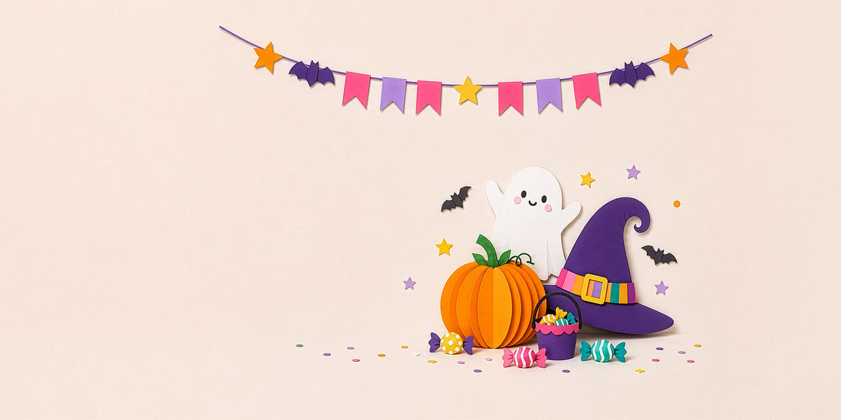 colorful halloween paper graphic with banner, ghost, candy and more