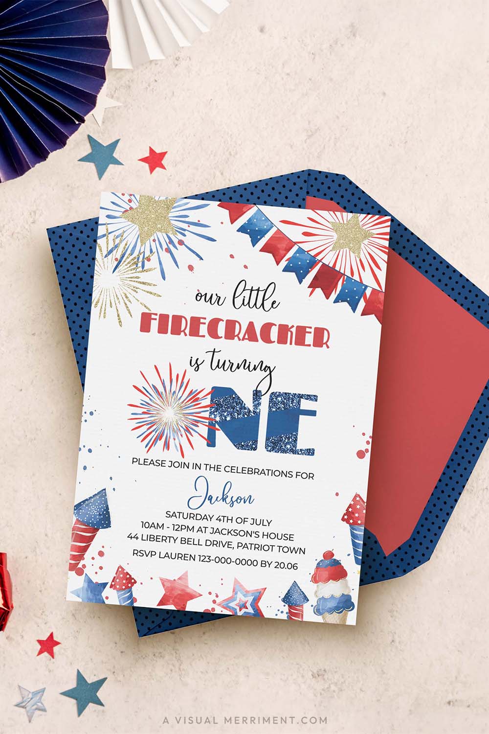 vertical our little firecracker is one 4th of july 1st birthday invitation with blue envelope and party decor