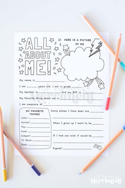 vertical All About Me printable worksheet with pencils on a white background