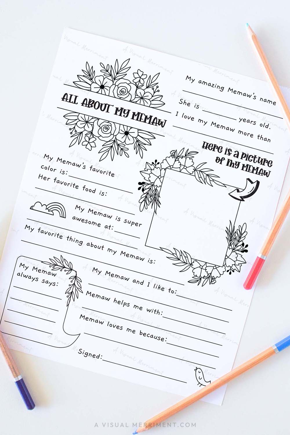 Vertical All about my Memaw mother’s day questionnaire sheet with colored pencils