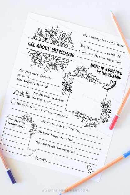 Vertical All about my Memaw mother’s day questionnaire sheet with colored pencils
