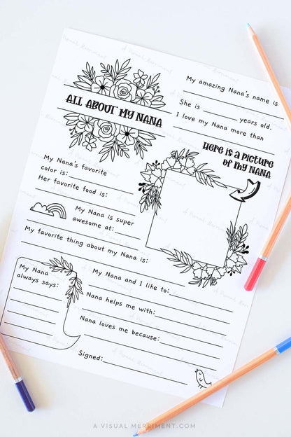 hanging page with tape titled all about my Nana worksheet with drawing and coloring