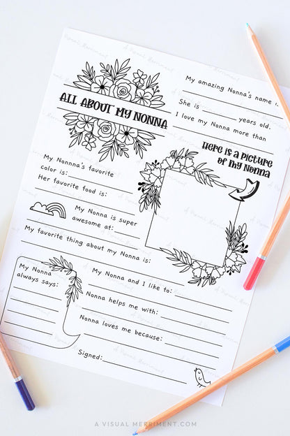Vertical All about my Nonna mother’s day questionnaire sheet with colored pencils