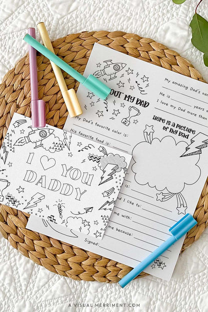 vertical I love you daddy coloring greeting card with all about my dad page on a mat with marker pens