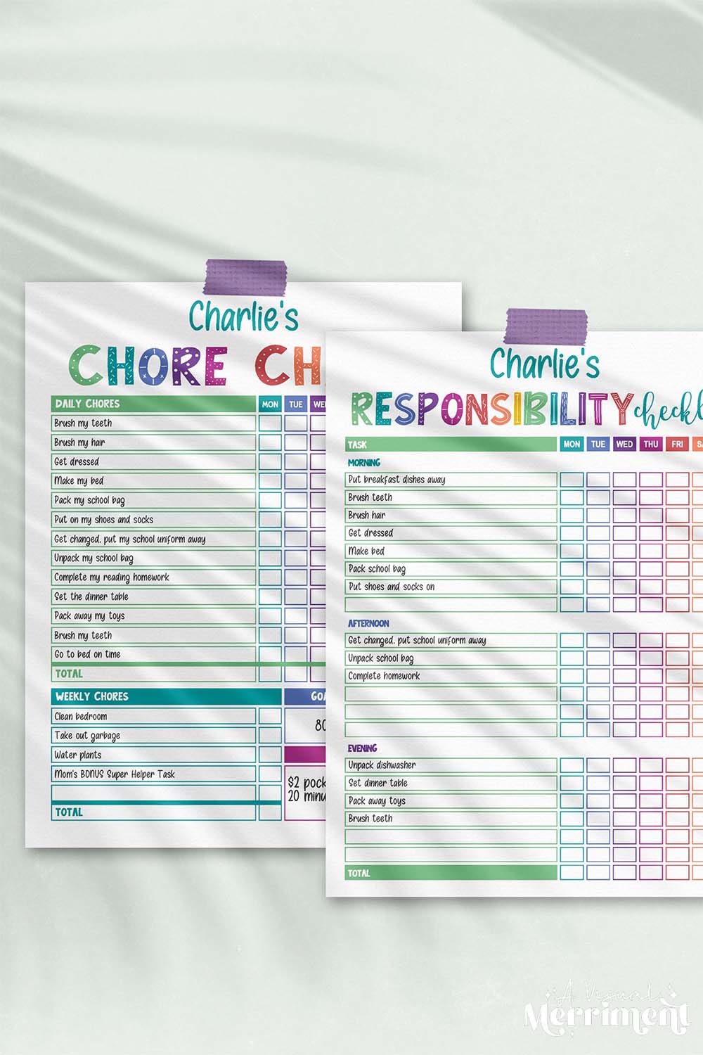 vertical rainbow editable chore chart & responsibility checklist PDF bundle