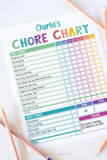 vertical of rainbow editable printable chore chart with pencils