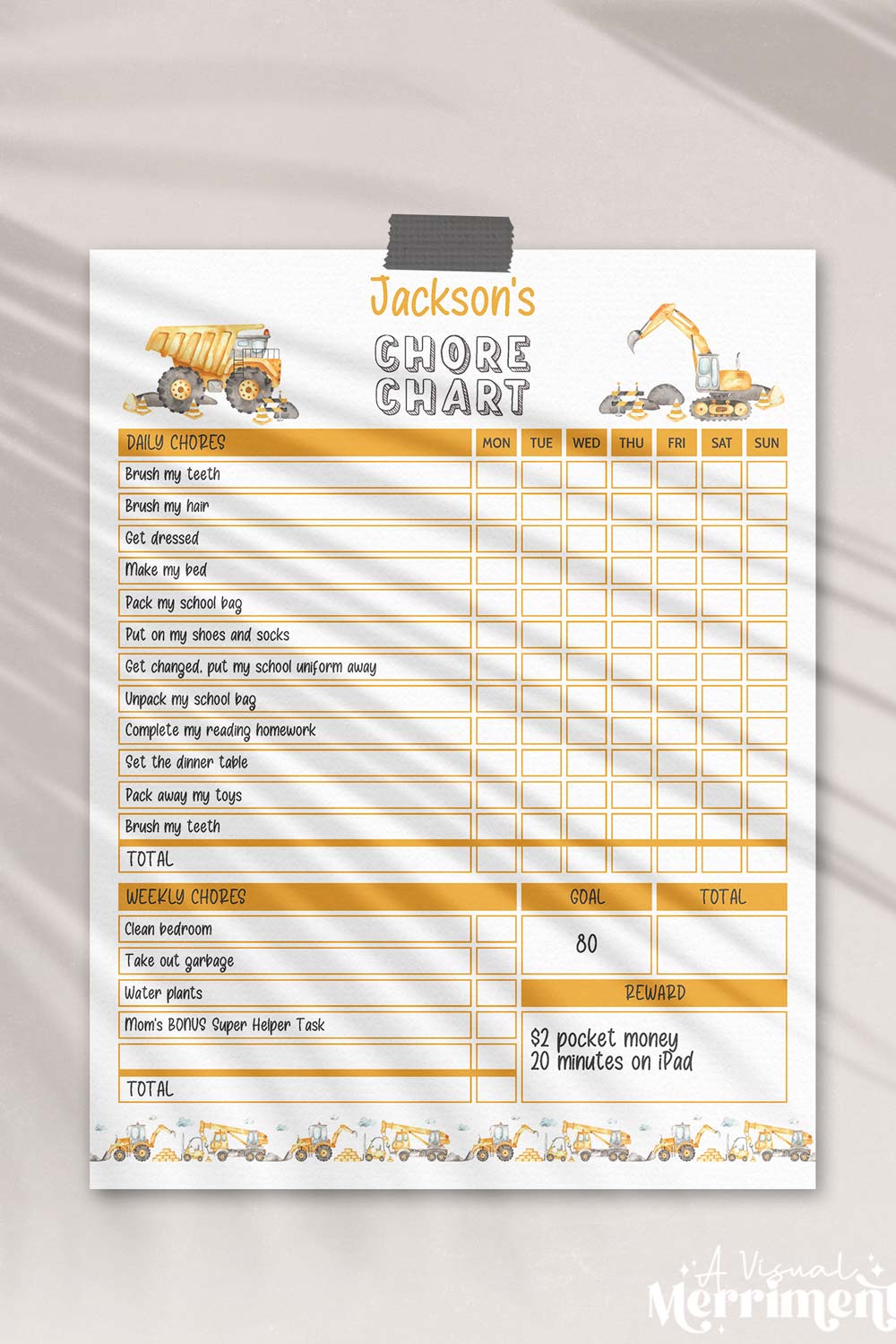 vertical of construction editable printable weekly chore chart and pencils