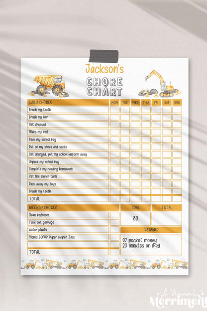 vertical of construction editable printable weekly chore chart and pencils