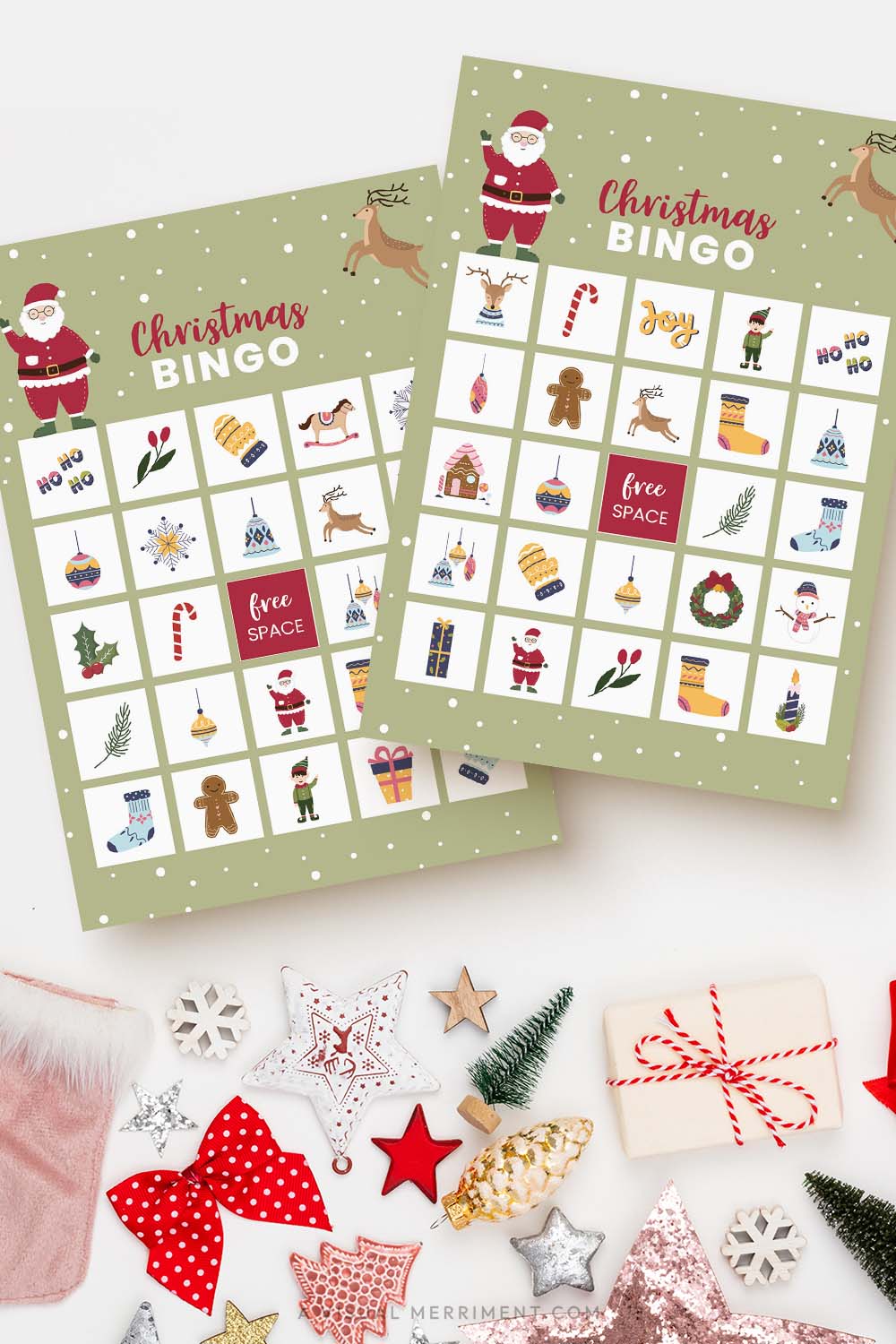 vertical of two printable christmas bingo game cards on white background with festive decorations