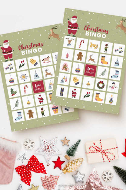 vertical of two printable christmas bingo game cards on white background with festive decorations