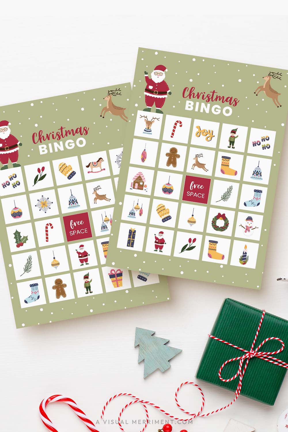 two printable christmas bingo game cards on white background with green gift and candy cane