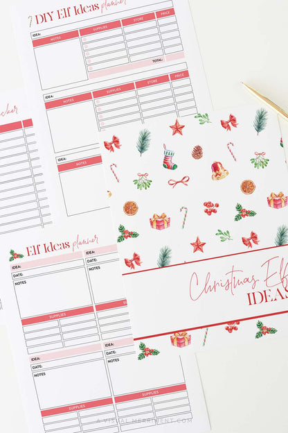 Vertical red christmas elf ideas planner pages laid out with gold pen
