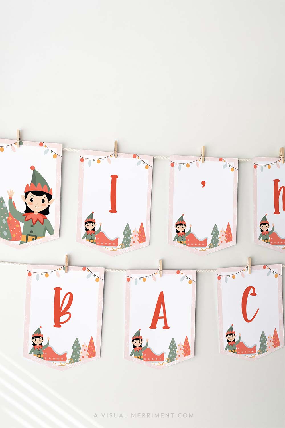 vertical hanging i'm back pink girl elf on the shelf banner sign