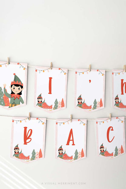 vertical hanging i'm back pink girl elf on the shelf banner sign