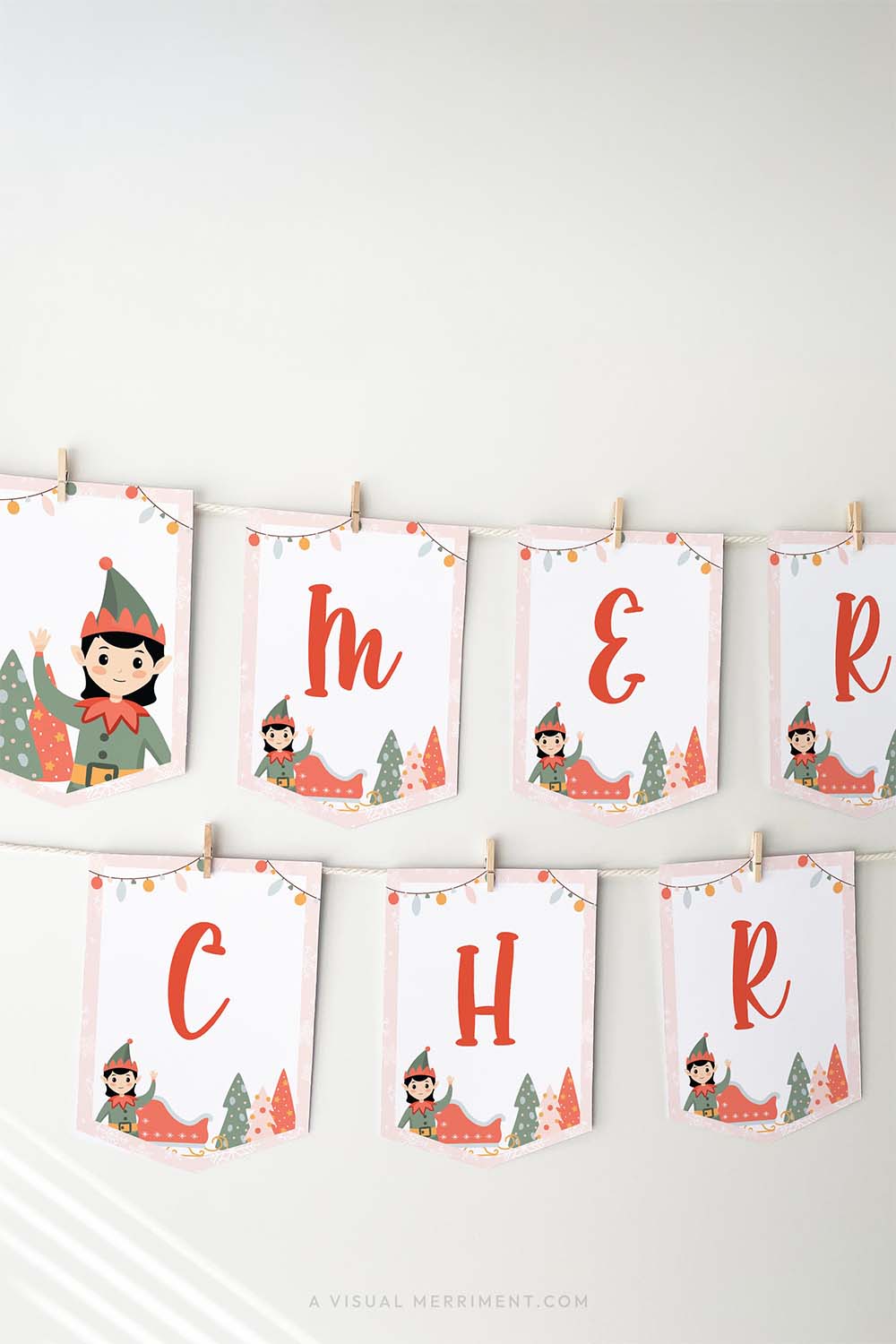 vertical hanging editable merry christmas girl elf on the shelf banner sign