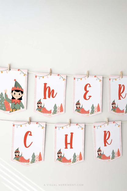 vertical hanging editable merry christmas girl elf on the shelf banner sign