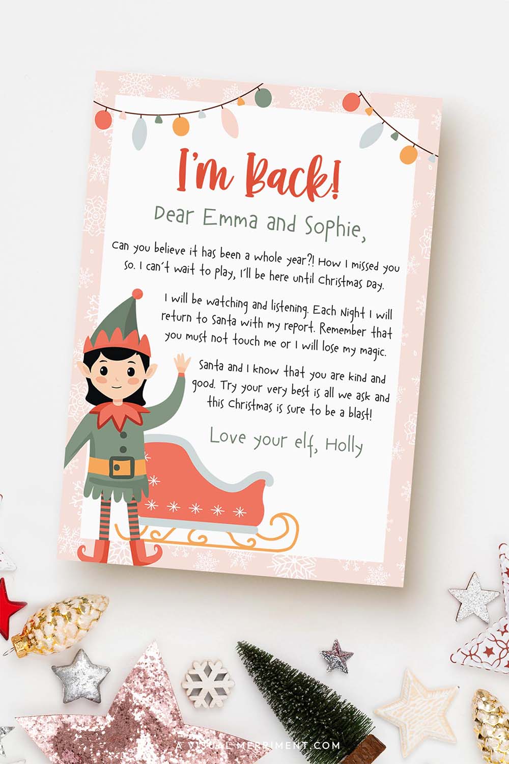 I'm back printable arrival letter from girl elf on the shelf with christmas decorations