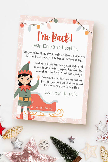 I'm back printable arrival letter from girl elf on the shelf with christmas decorations