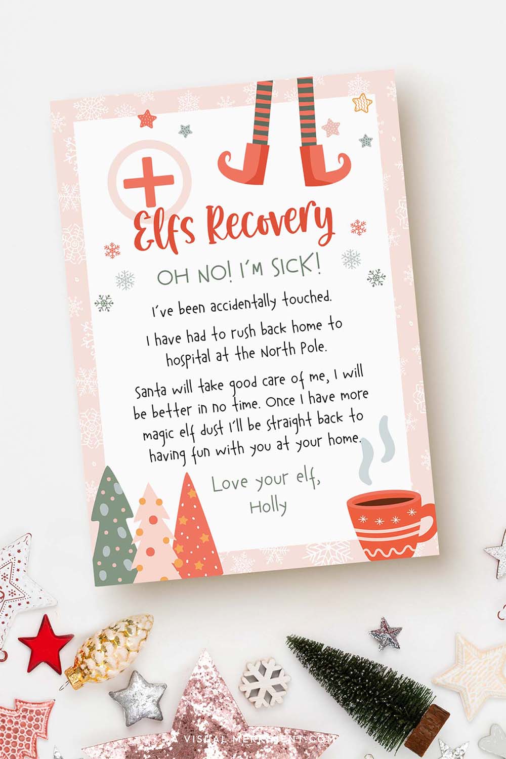 i'm sick elf recovery printable from girl elf on the shelf with christmas decorations