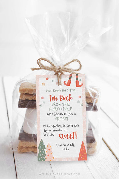 vertical Printable girl elf on the shelf i’m back gift tag on bag of smore treats