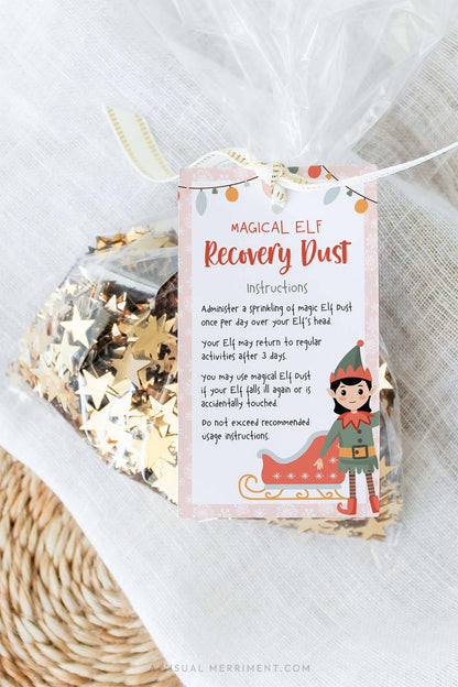vertical pink elf on the shelf touched magic dust gift tag tied to bag of glitter sparkles