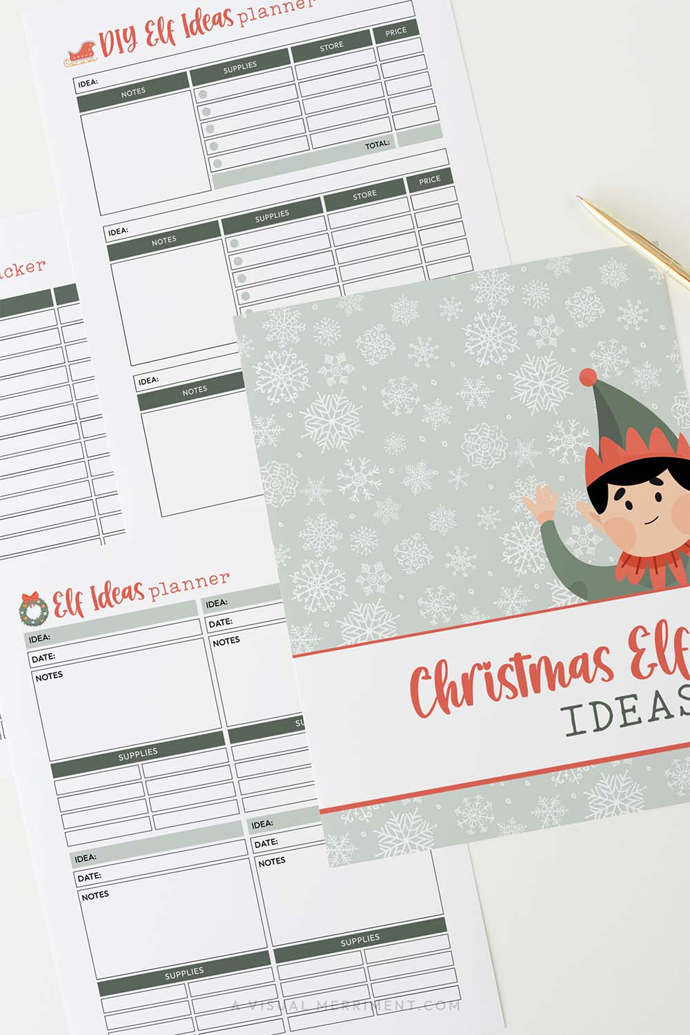 Vertical green christmas elf ideas planner pages laid out with gold pen