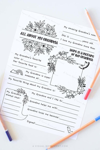Vertical All about my Grandma mother’s day questionnaire sheet with colored pencils