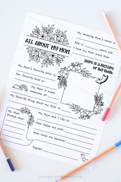 Vertical All about my mom mother’s day questionnaire sheet with colored pencils