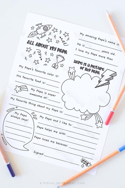 Vertical All about my Papa father’s day questionnaire sheet with colored pencils