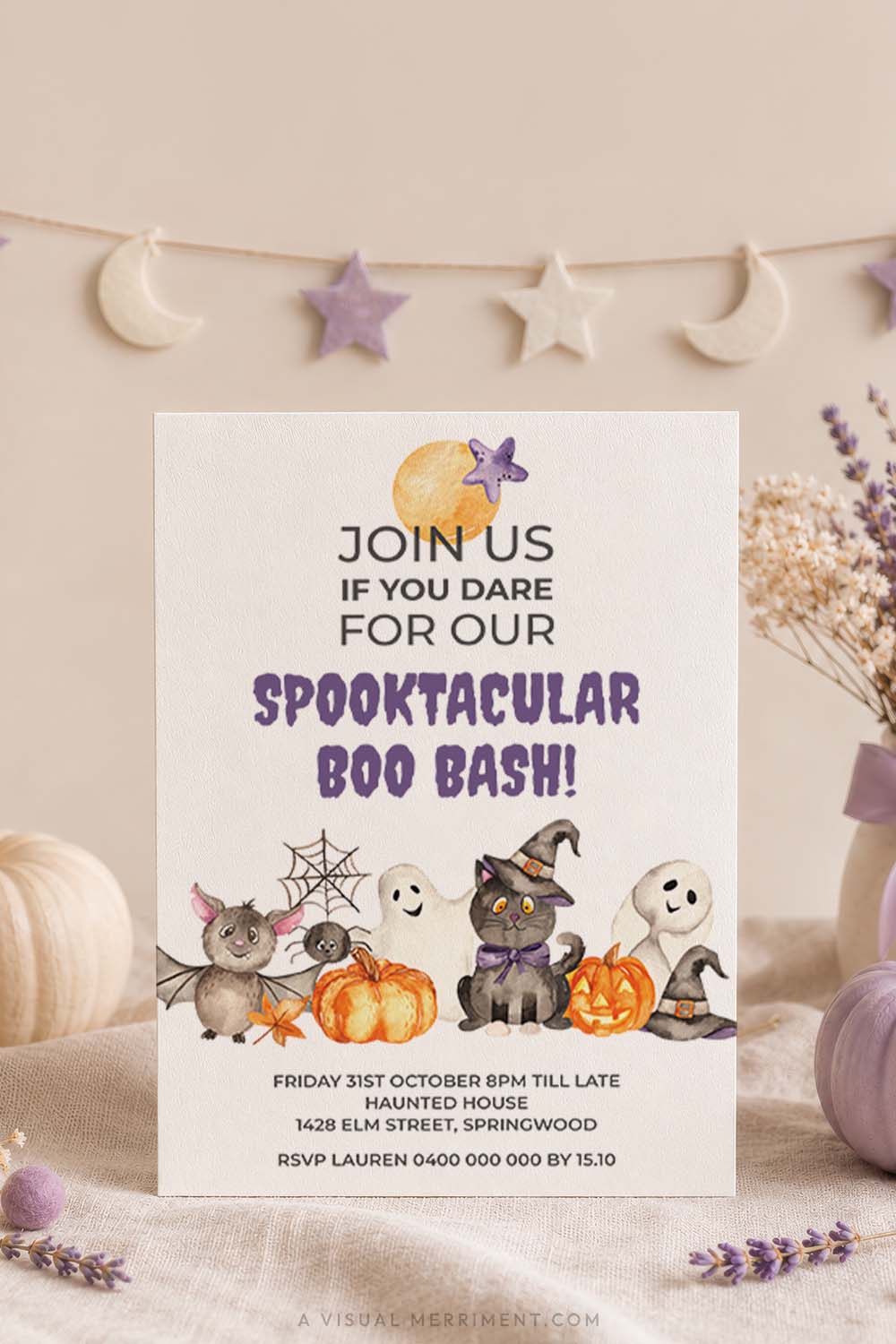 vertical of spooktacular boo bash halloween invitation with cute watercolor characters set in lilac boho fall scene