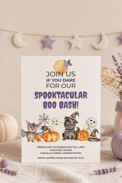 vertical of spooktacular boo bash halloween invitation with cute watercolor characters set in lilac boho fall scene