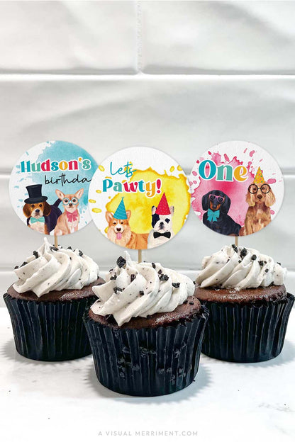 vertical of 3 cupcakes with party dog printable cupcake toppers circles in cakes