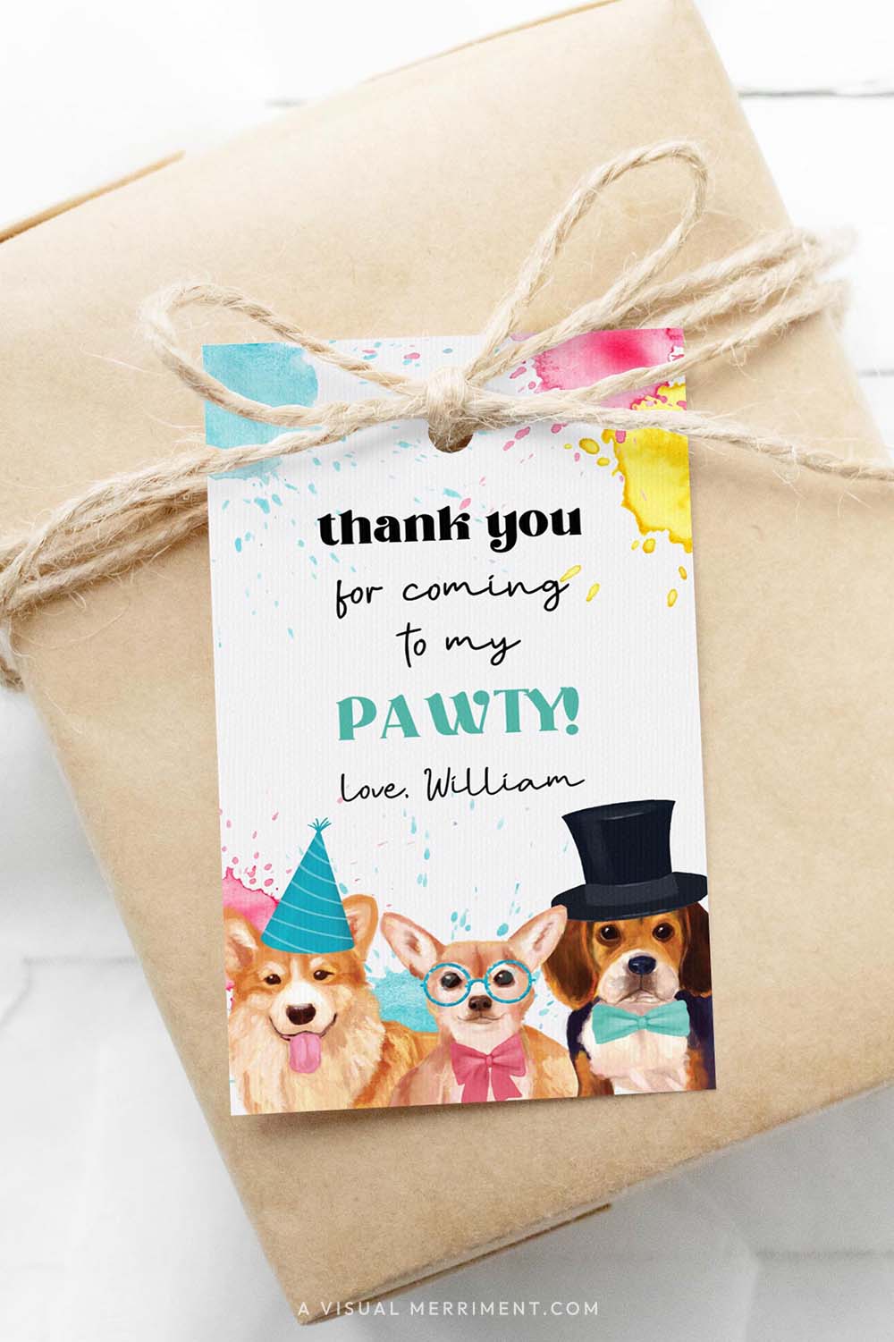 Gift wrapped in brown paper with a colorful 'thank you' tag featuring Chihuahua and friends party dogs and paint splatters