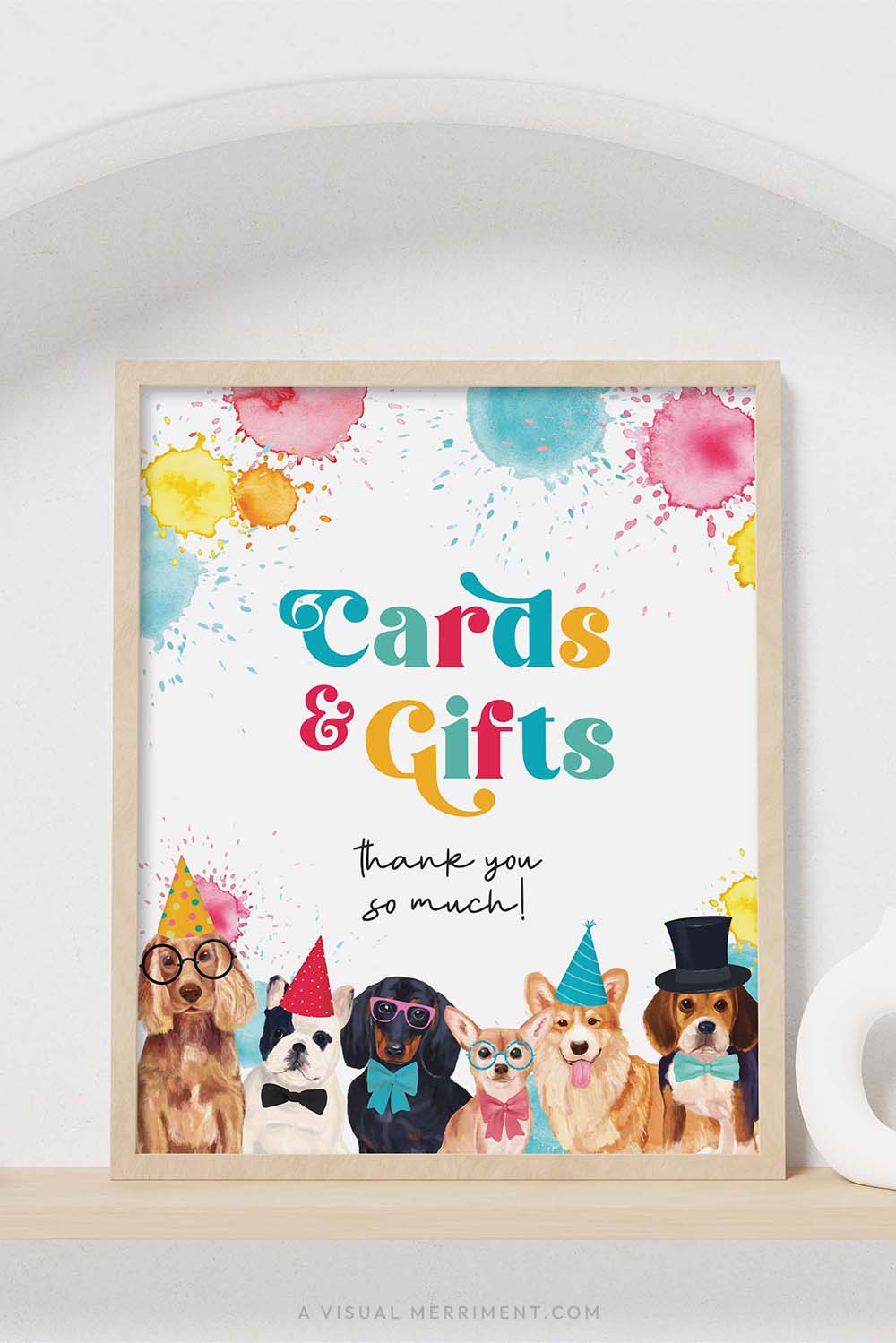 colorful cards and gifts dog party sign with in a frame sitting on a shelf