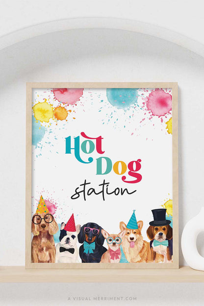 colorful Hot dog station food dog party sign with in a frame sitting on a shelf