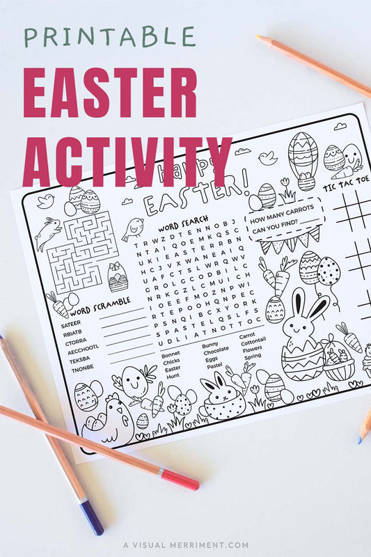 vertical of printable Easter activity sheet on table with pencils