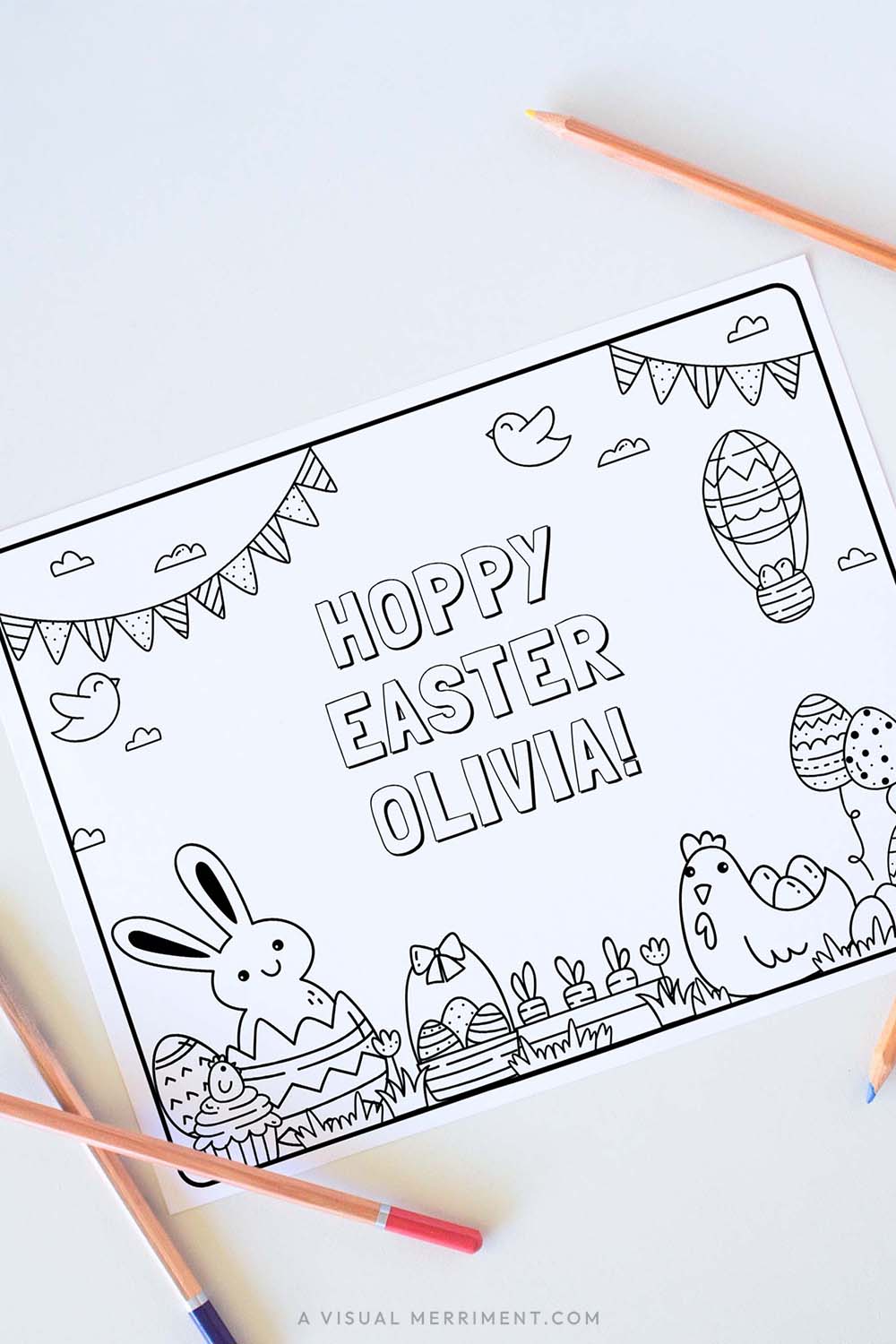 vertical of printable easter coloring page with easter elements and text surrounded by colored pencils.