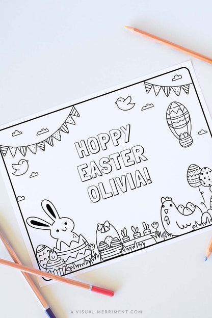 vertical of printable easter coloring page with easter elements and text surrounded by colored pencils.
