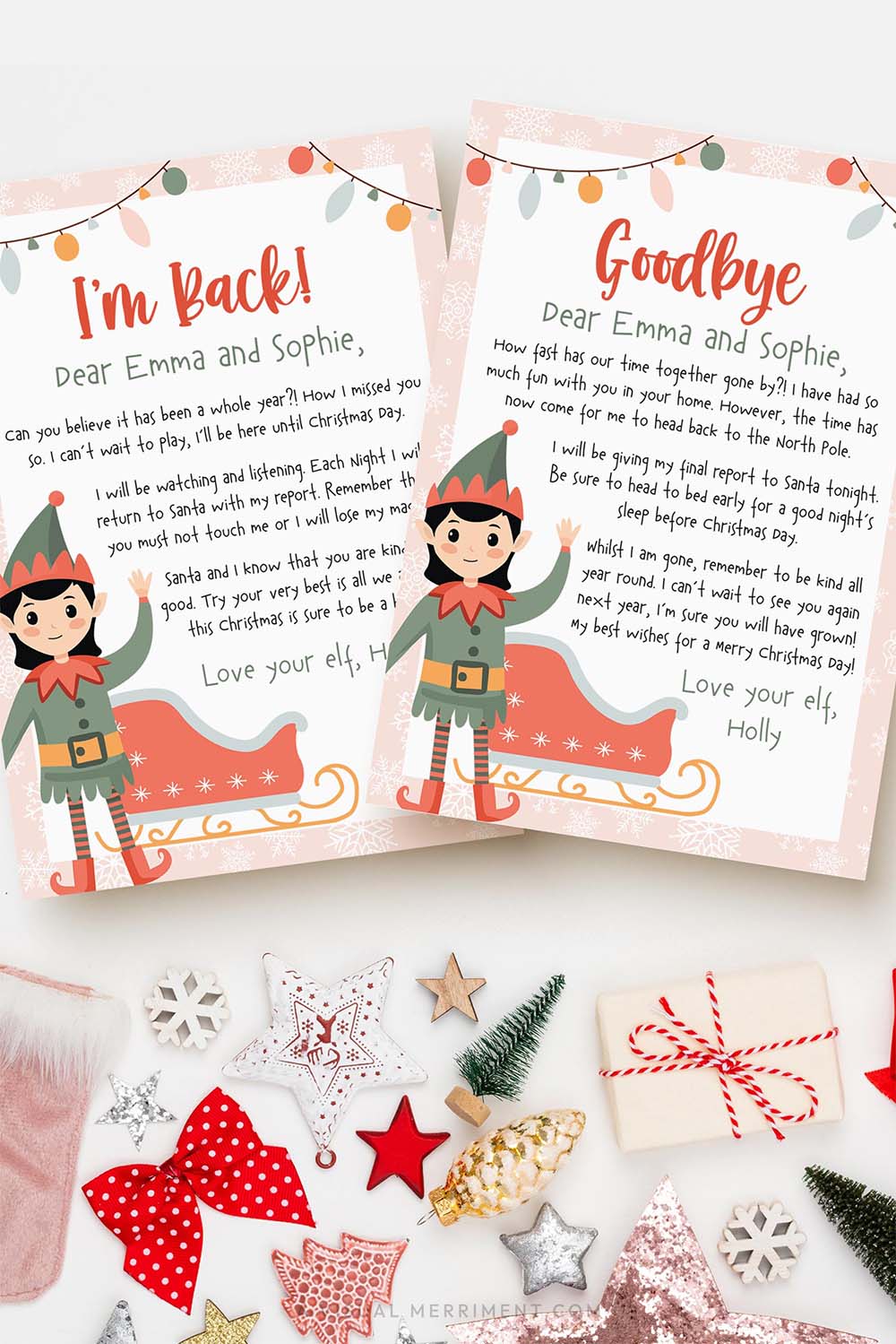 vertical christmas pink elf on the shelf I'm back & goodbye printable letter templates