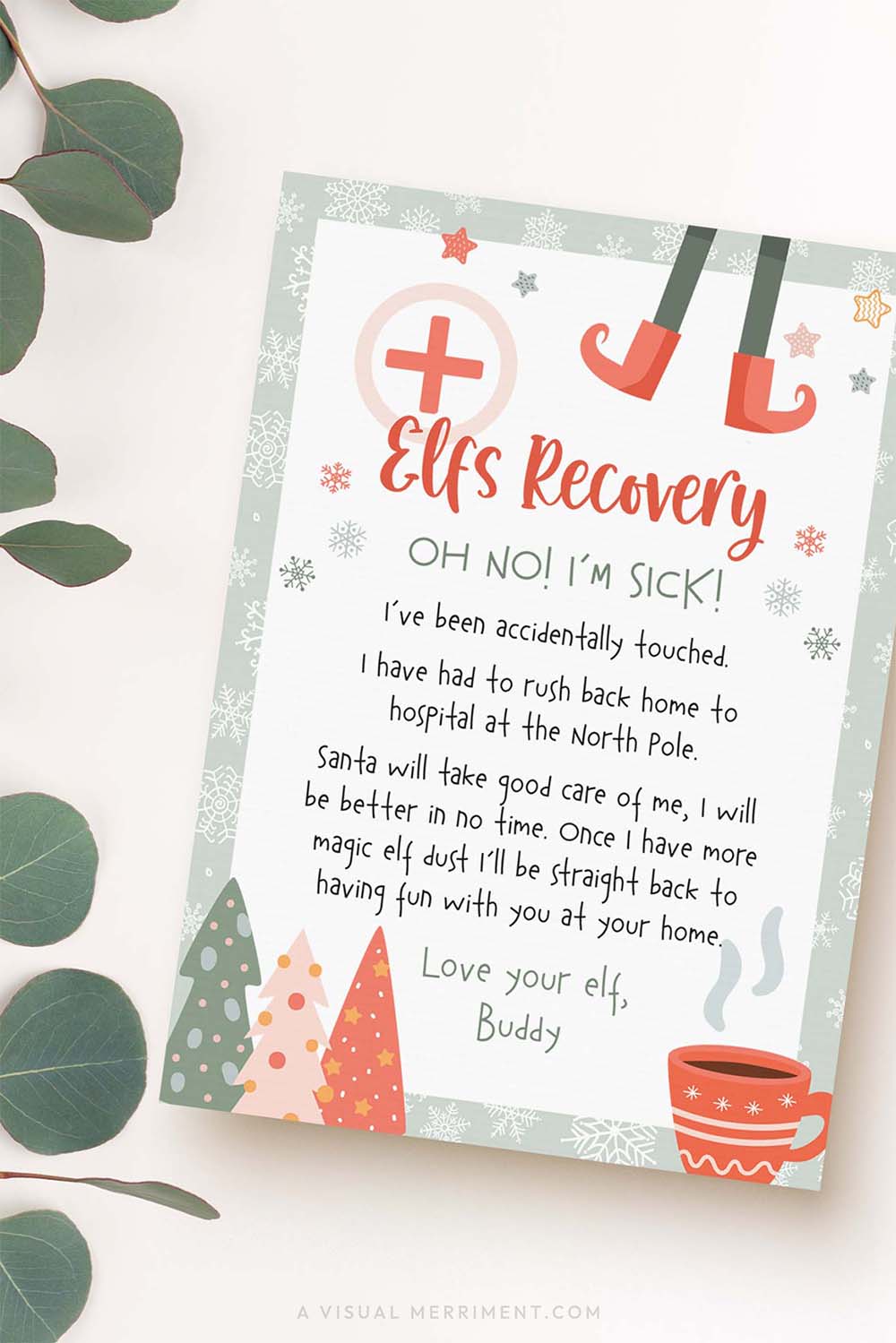 vertical christmas elf sick recovery letter printable template with leaves